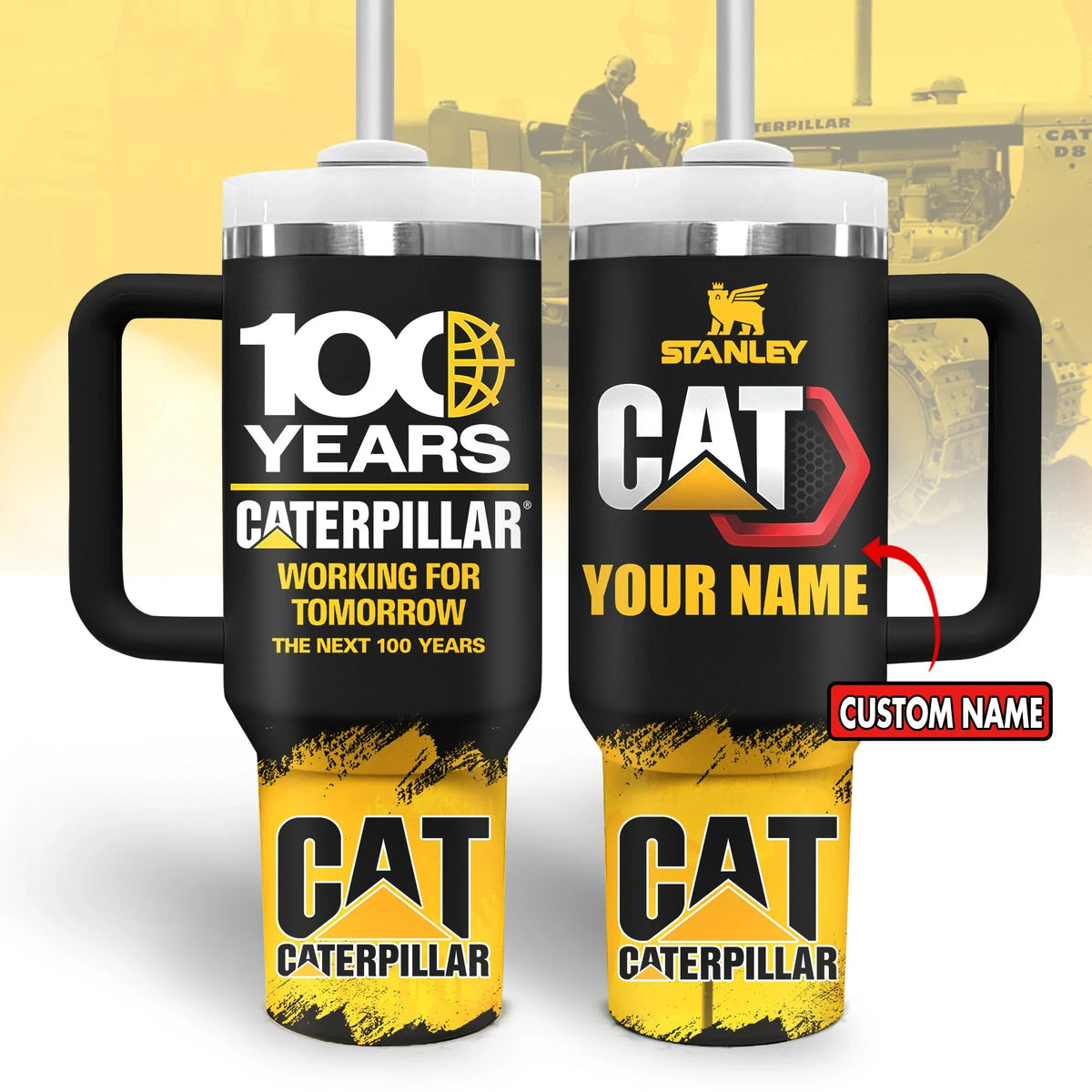 Custom Name CAT 100 Years Handle Tumbler