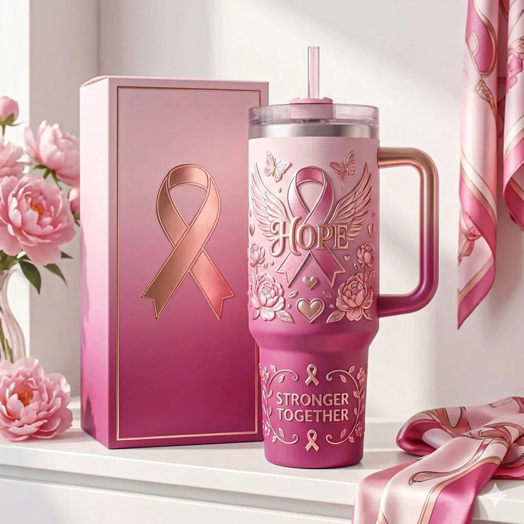 Breast Cancer Awareness Tumbler with Handle and Straw