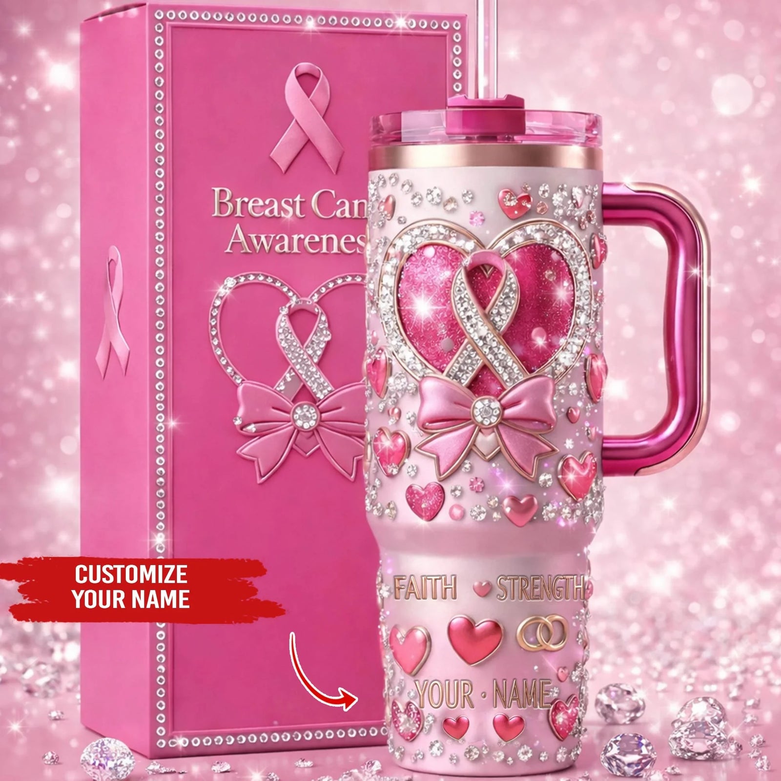 Breast Cancer Awareness Tumbler with Handle and Straw
