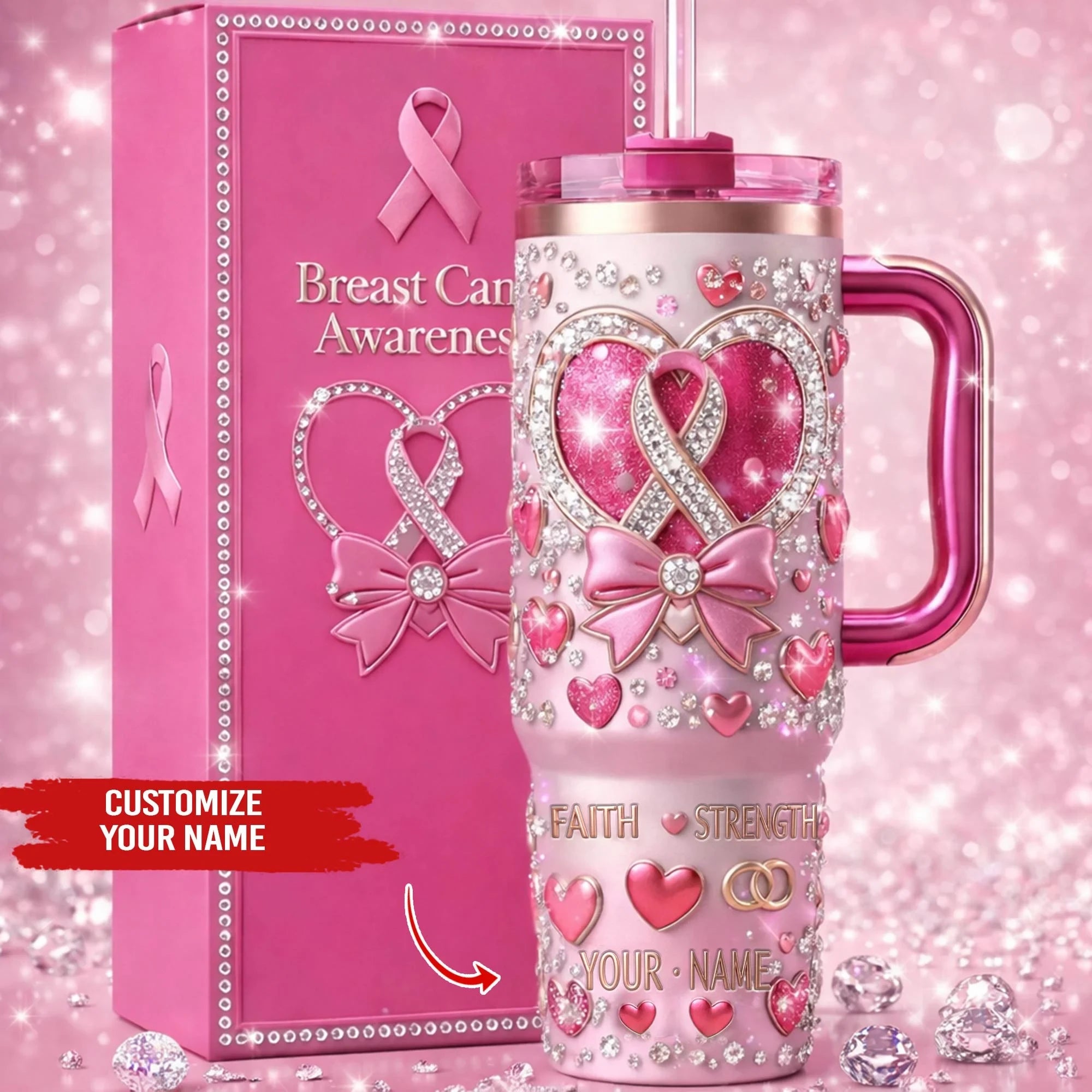 Breast Cancer Awareness Tumbler with Handle and Straw