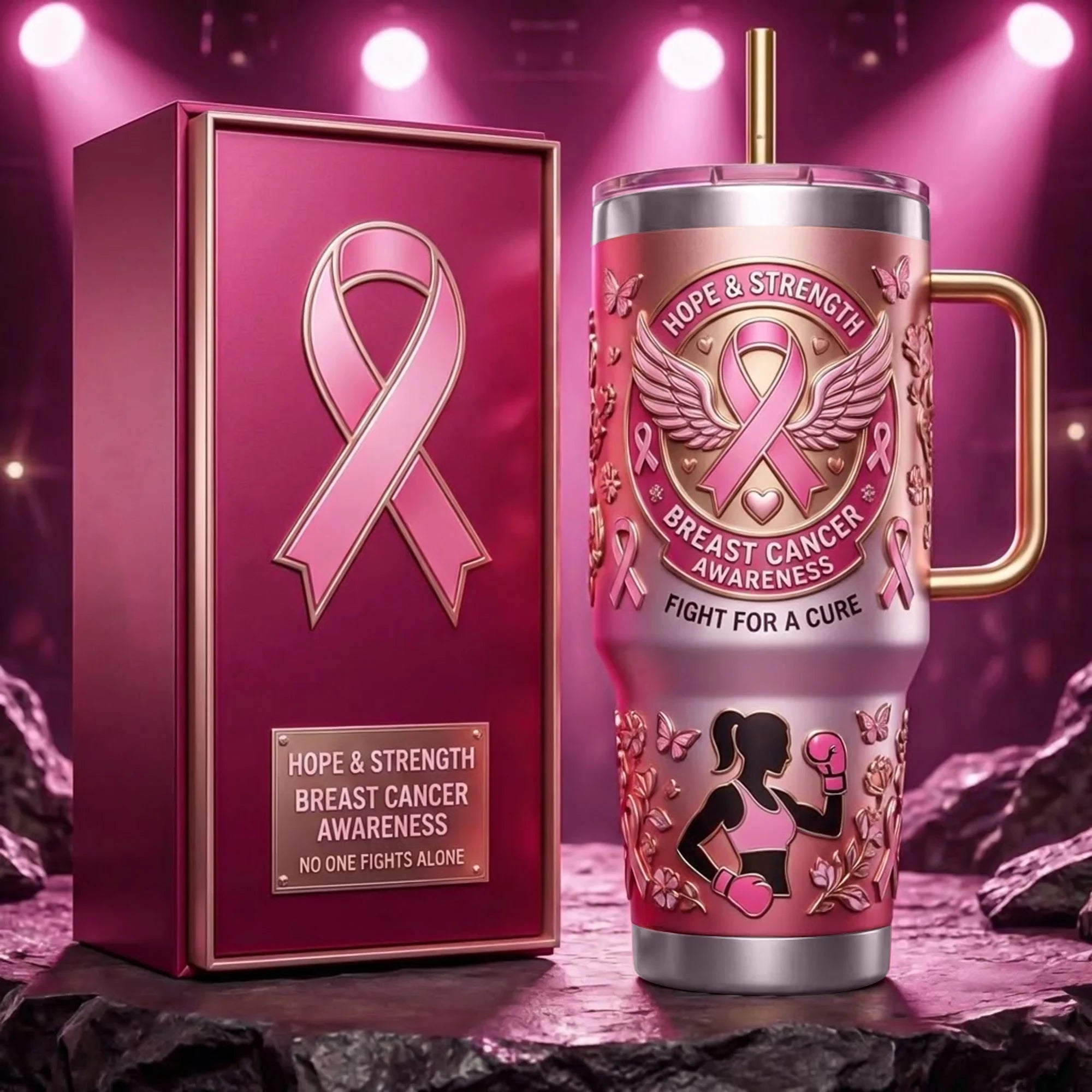 Breast Cancer Awareness Tumbler with Handle and Straw