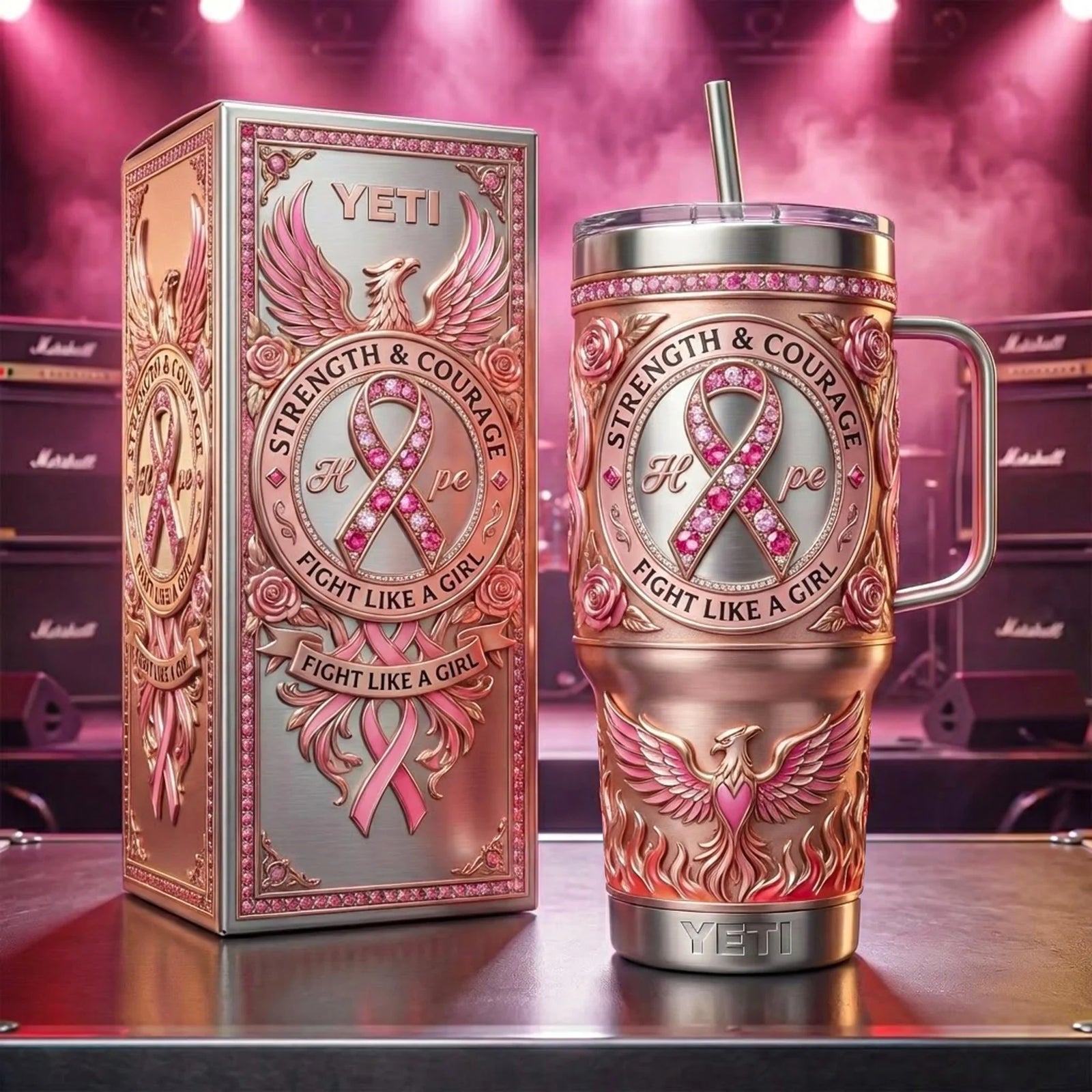 Breast Cancer Awareness Tumbler with Handle and Straw
