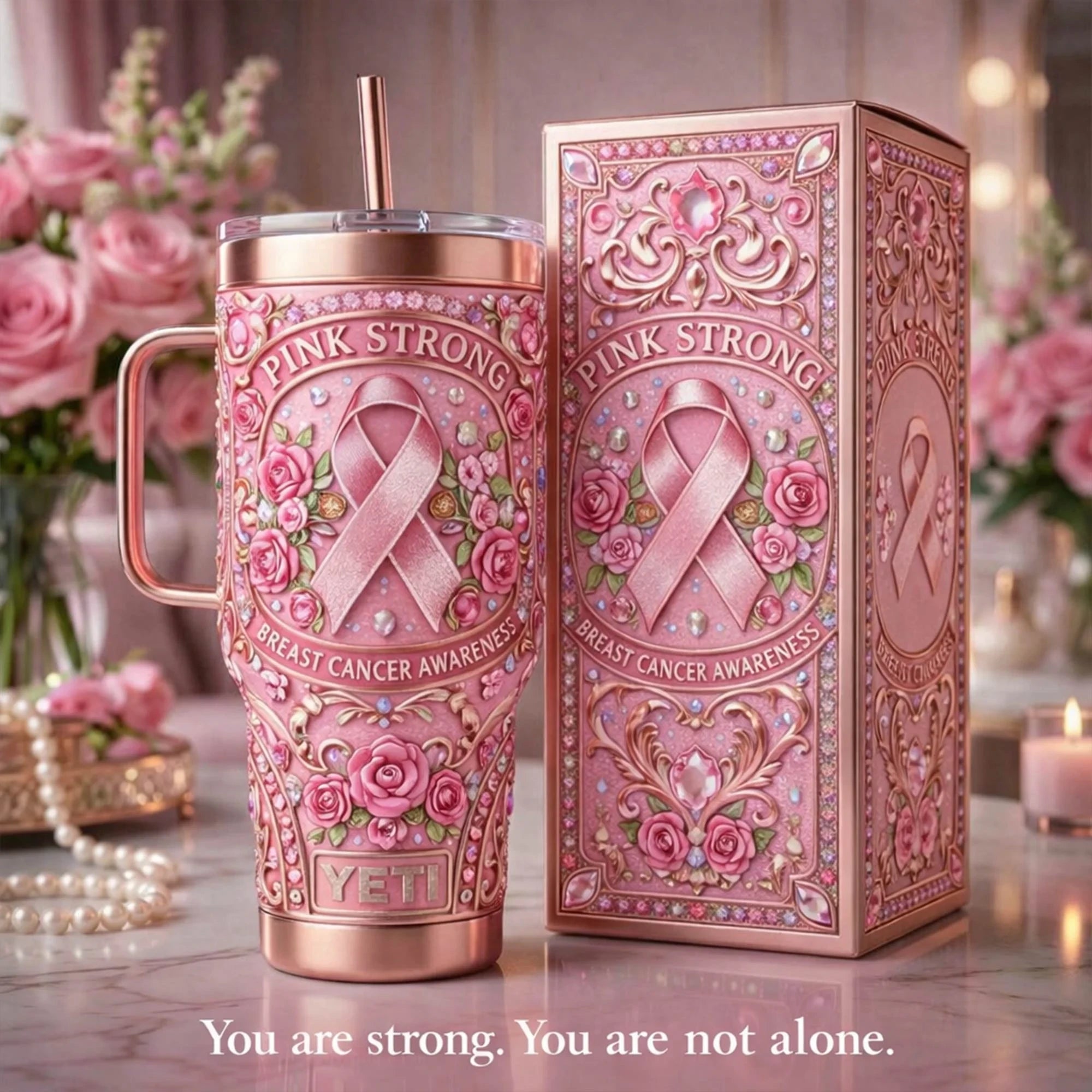 Breast Cancer Awareness Tumbler with Handle and Straw
