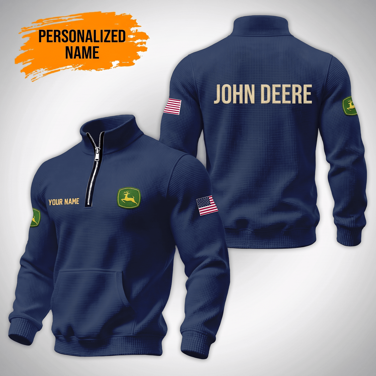 Personalized JD Waffle Stand Collar Zip Hoodie Pockets