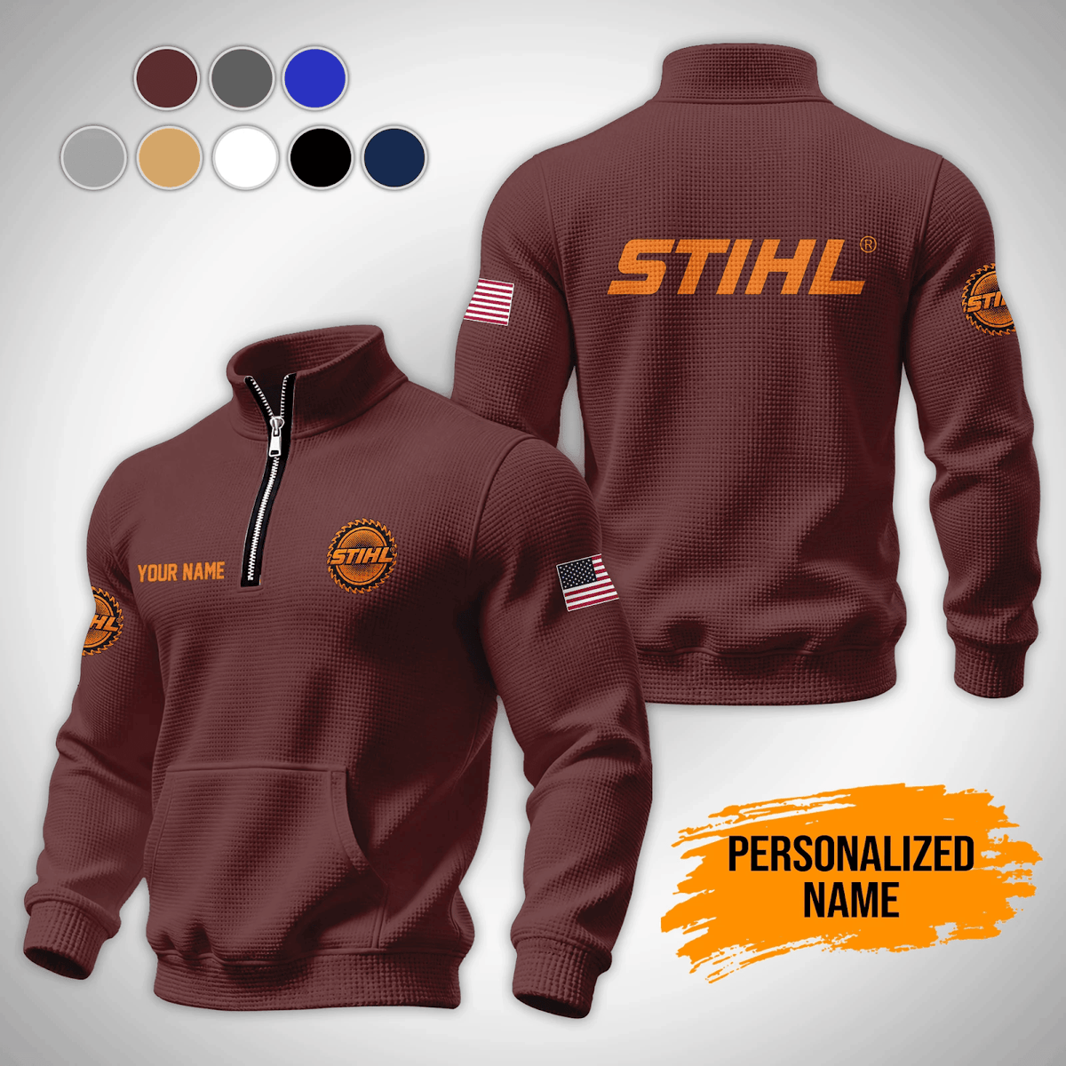Personalized STL Waffle Stand Collar Zip Hoodie Pockets