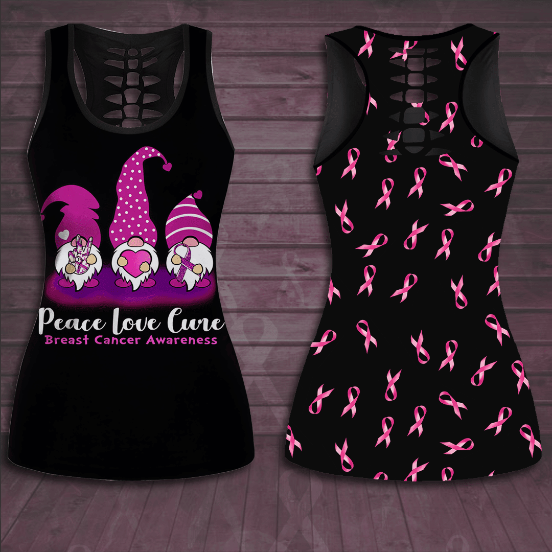 Breast Cancer Awareness Peace Love Cure Hollow Tank Top &amp; Leggings Set TH4102