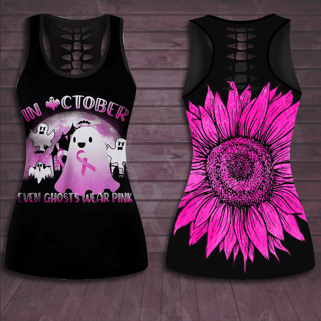 Breast Cancer Awareness 'In October Even Ghost Wear Pink' Hollow Tank Top &amp; Leggings Set TH3394
