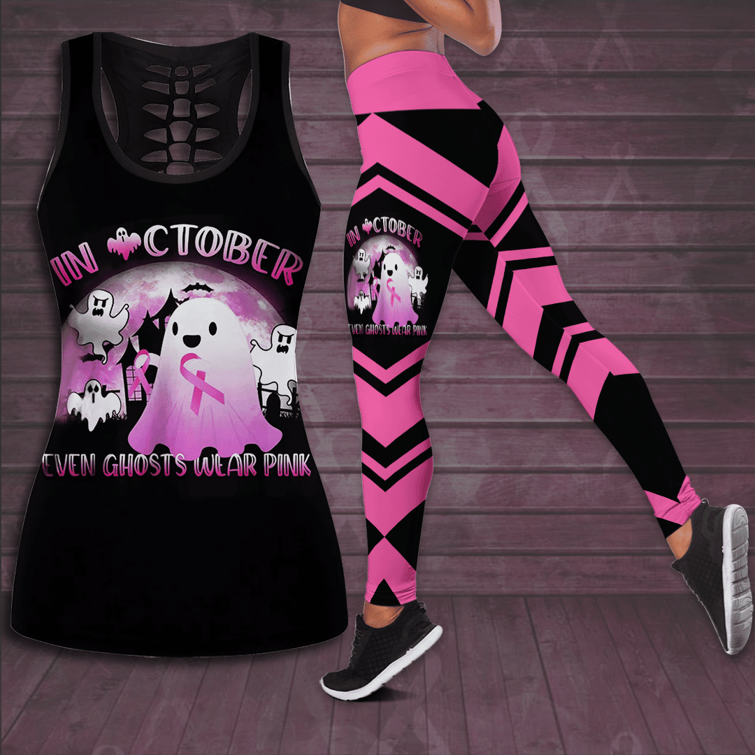 Breast Cancer Awareness 'In October Even Ghost Wear Pink' Hollow Tank Top &amp; Leggings Set TH3394
