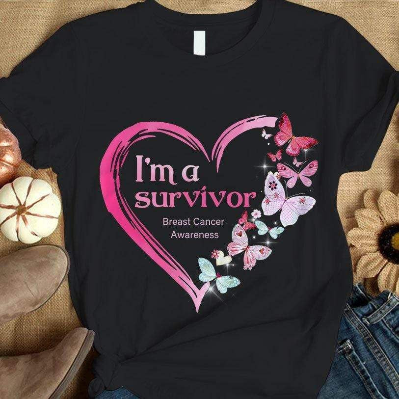 I'm A Survivor, Pink Heart &amp; Butterfly, Breast Cancer Awareness Shirt THAOVTT852