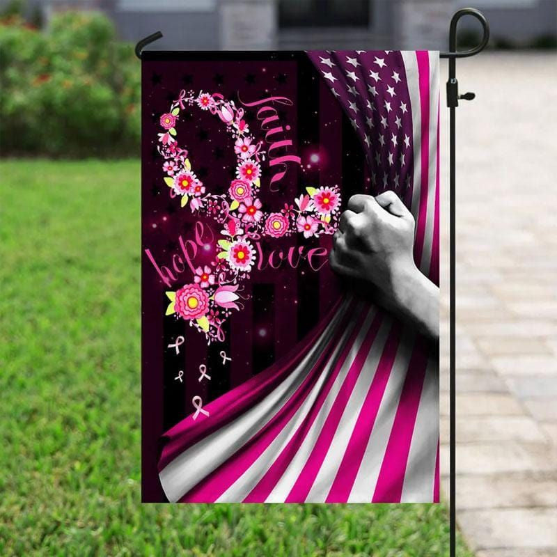 Faith Hope Love, Pink Flower Ribbon, Breast Cancer Awareness Flag, House &amp; Garden Flag THAOVTT480