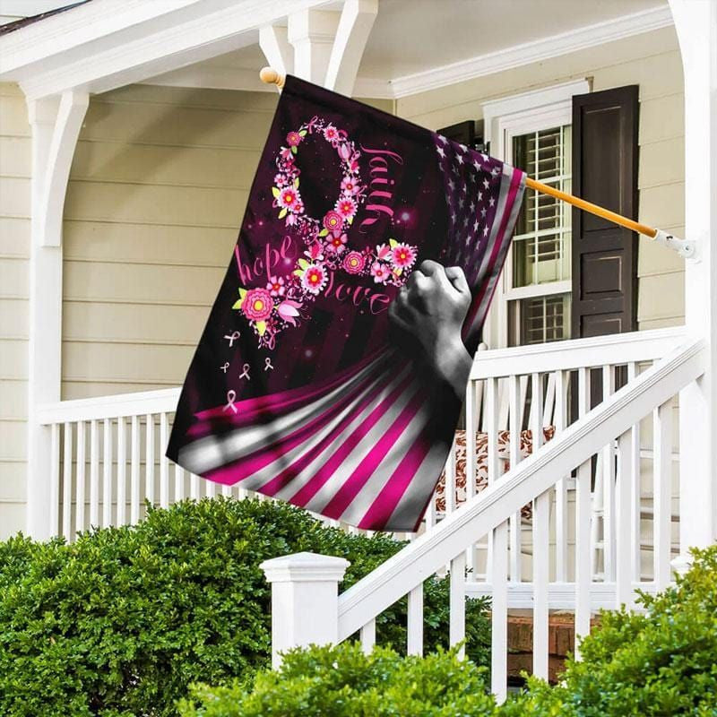 Faith Hope Love, Pink Flower Ribbon, Breast Cancer Awareness Flag, House &amp; Garden Flag THAOVTT480