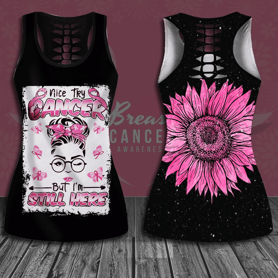 Breast Cancer Awareness 'Nice Try Cancer But I'm Still Here' Hollow Tank Top &amp; Leggings Set QUY3019