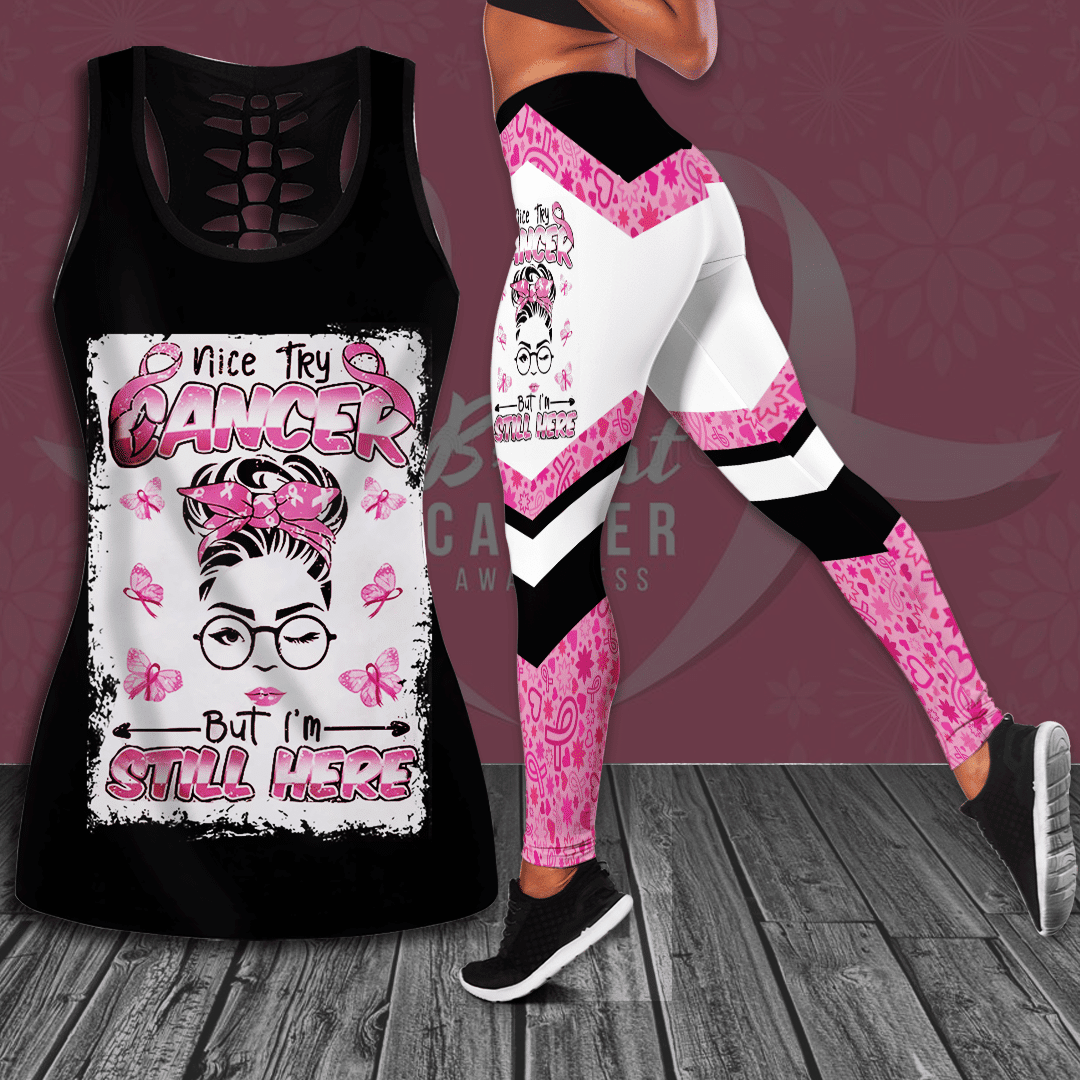 Breast Cancer Awareness 'Nice Try Cancer But I'm Still Here' Hollow Tank Top &amp; Leggings Set QUY3019