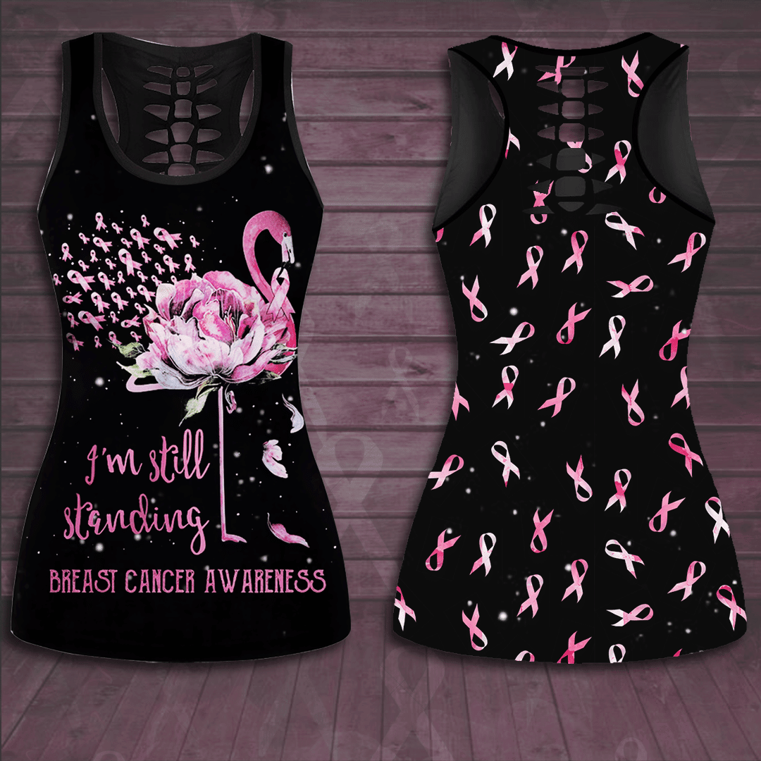 Breast Cancer Awareness 'I'm Still Standing' Flamingo Flower Hollow Tank Top &amp; Leggings Set