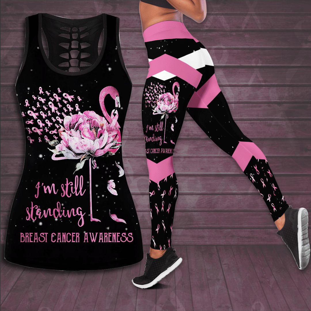 Breast Cancer Awareness 'I'm Still Standing' Flamingo Flower Hollow Tank Top &amp; Leggings Set