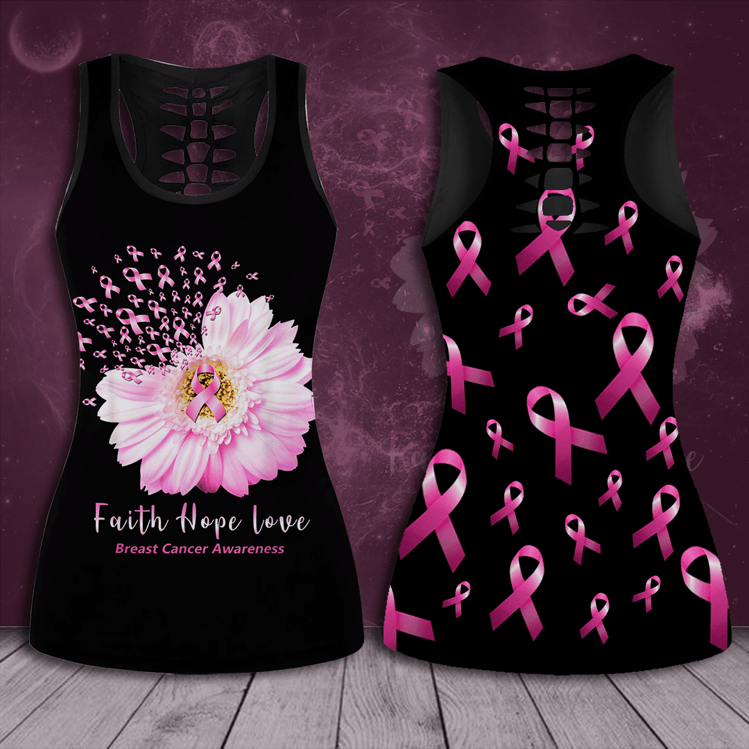 Breast Cancer Awareness 'Faith Hope Love' Hollow Tank Top &amp; Leggings Set TH3453