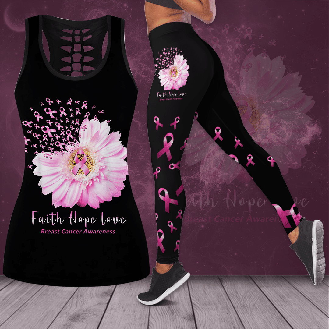 Breast Cancer Awareness 'Faith Hope Love' Hollow Tank Top &amp; Leggings Set TH3453