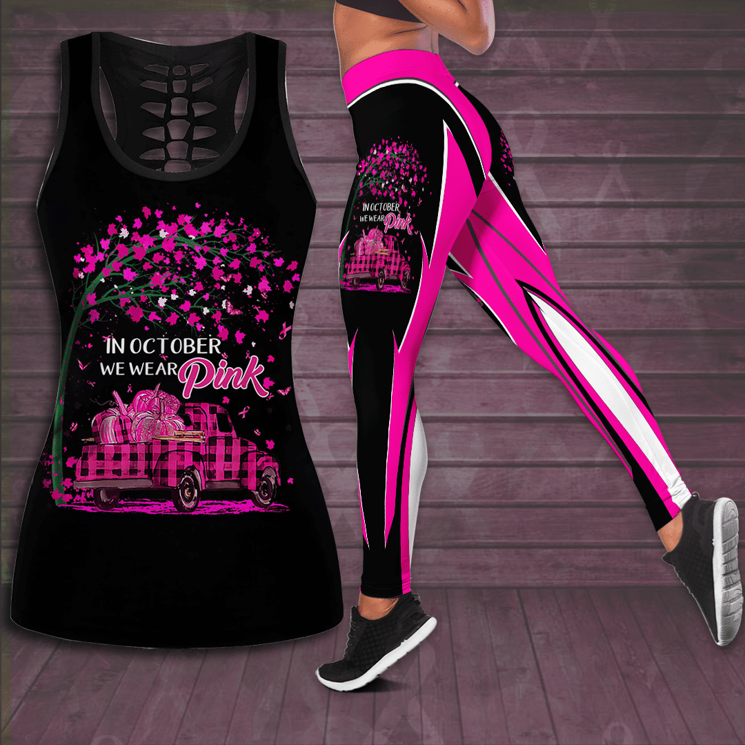 Breast Cancer Awareness 'In October We Wear Pink Car' Hollow Tank Top &amp; Leggings Set