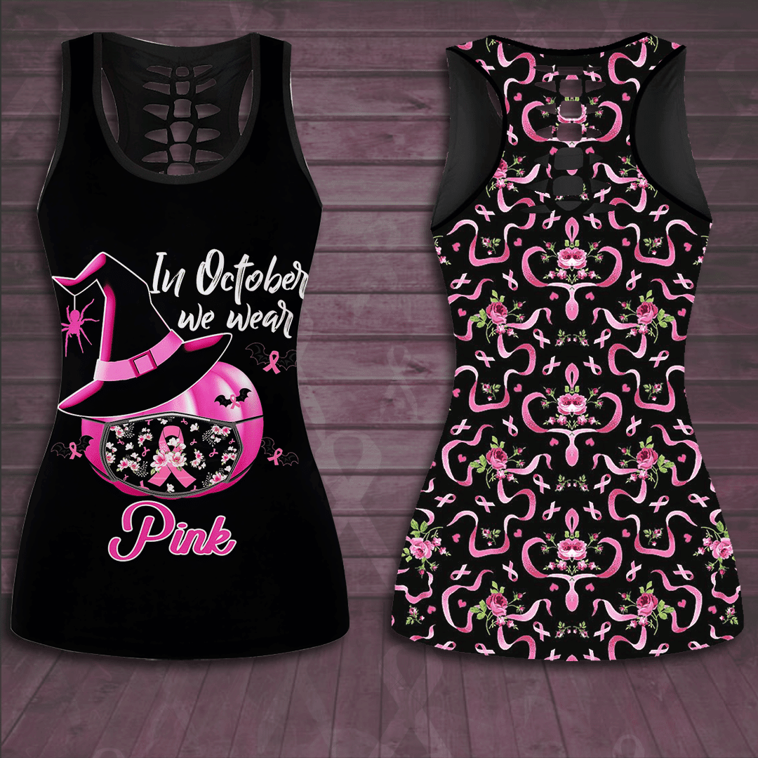 In October We Wear Pink Breast Cancer Awareness Hollow Tank Top &amp; Leggings Set