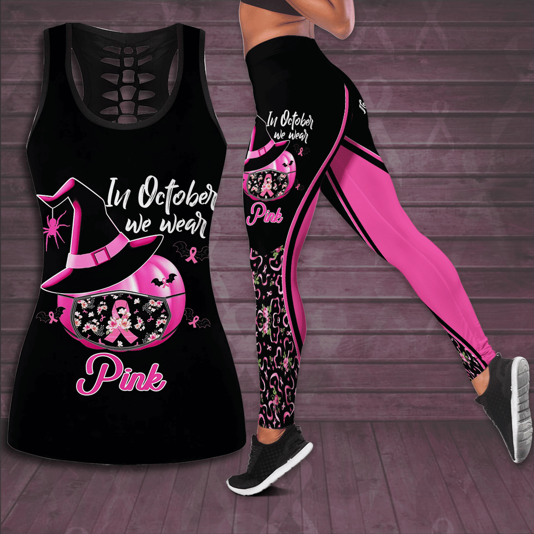 In October We Wear Pink Breast Cancer Awareness Hollow Tank Top &amp; Leggings Set