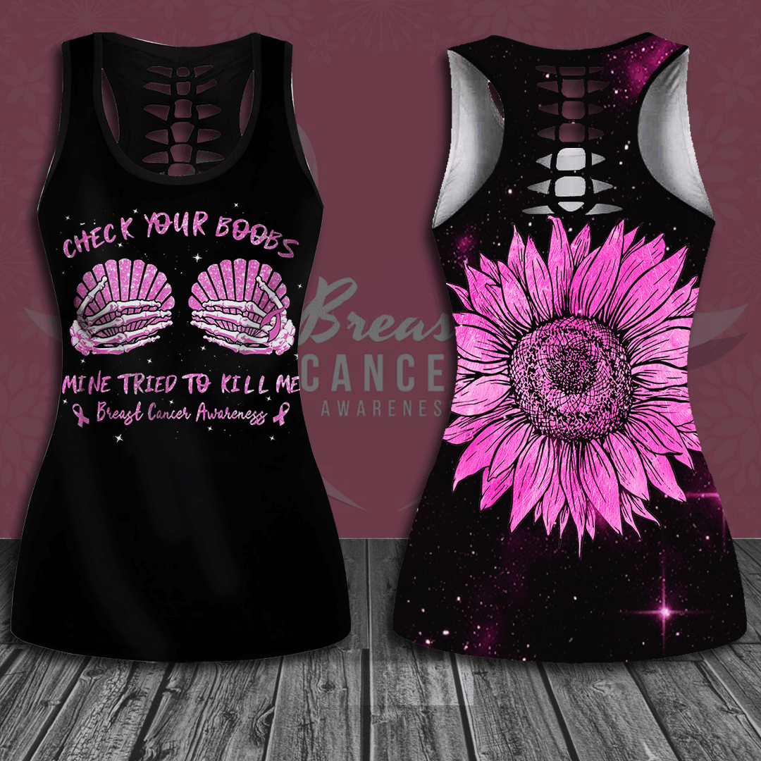 Check Your Boobs Mine Tried To Kill Me Breast Cancer Awareness Hollow Tank Top &amp; Leggings Set