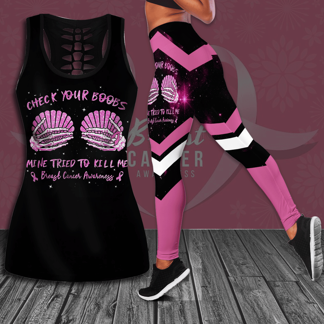 Check Your Boobs Mine Tried To Kill Me Breast Cancer Awareness Hollow Tank Top &amp; Leggings Set