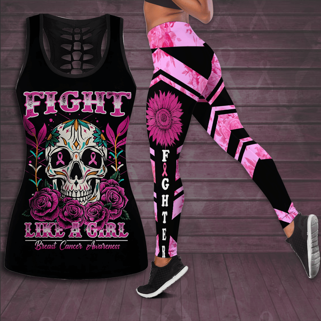 Breast Cancer Awareness Fight Like A Girl Hollow Tank Top &amp; Leggings Set TH1070