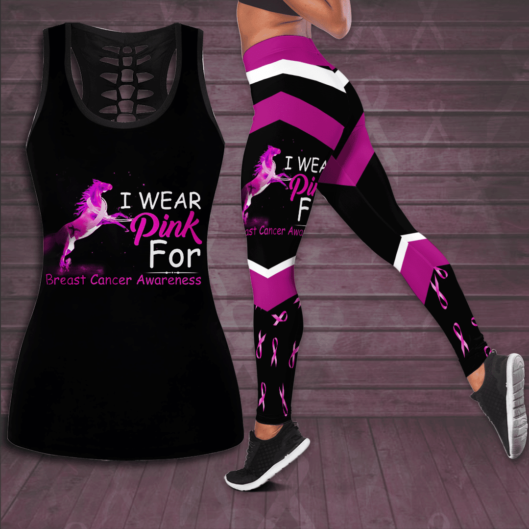 I Wear Pink For Breast Cancer Awareness Hollow Tank Top &amp; Leggings Set TH3277