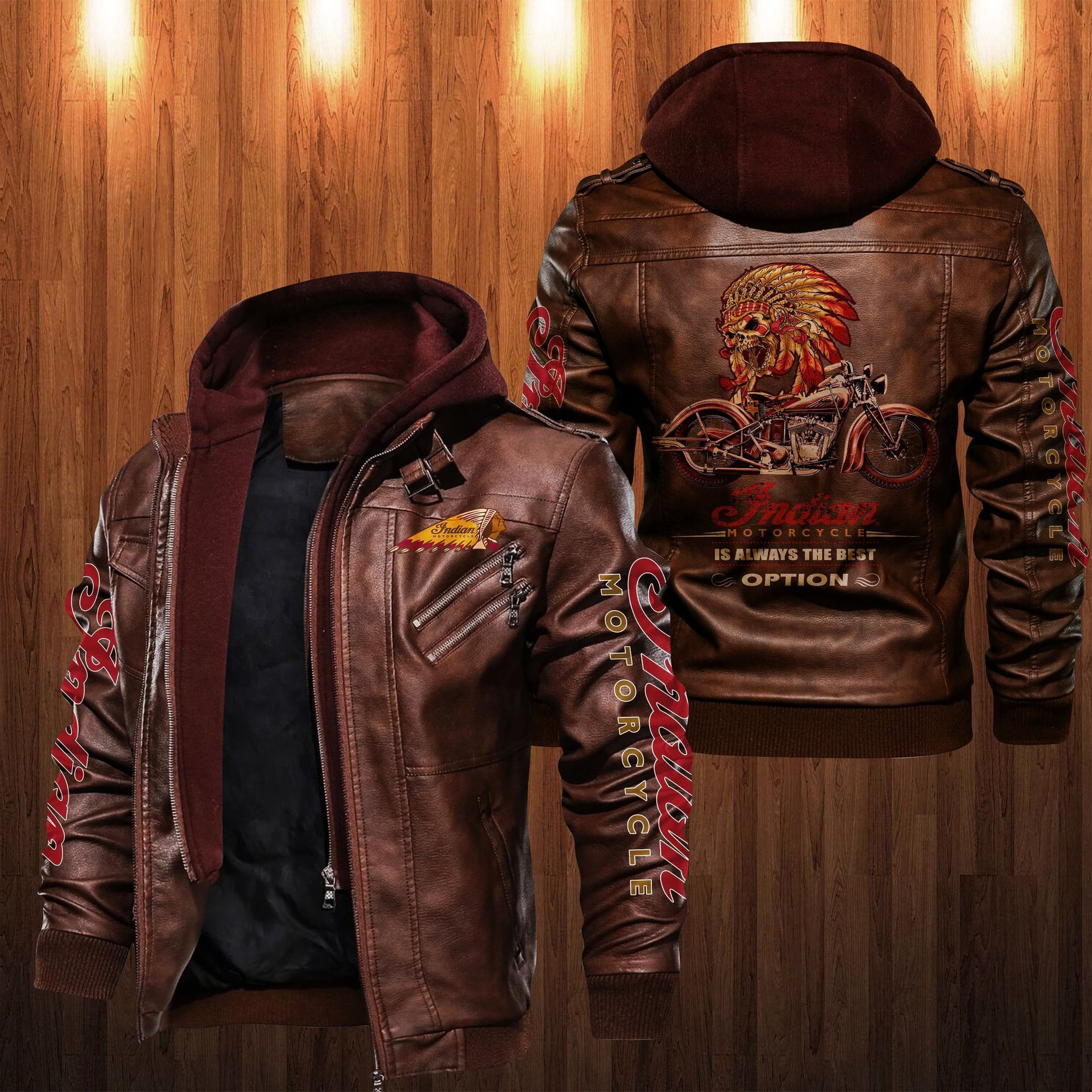 ID Motorcycle Zip Leather Jacket with Hood TH3804