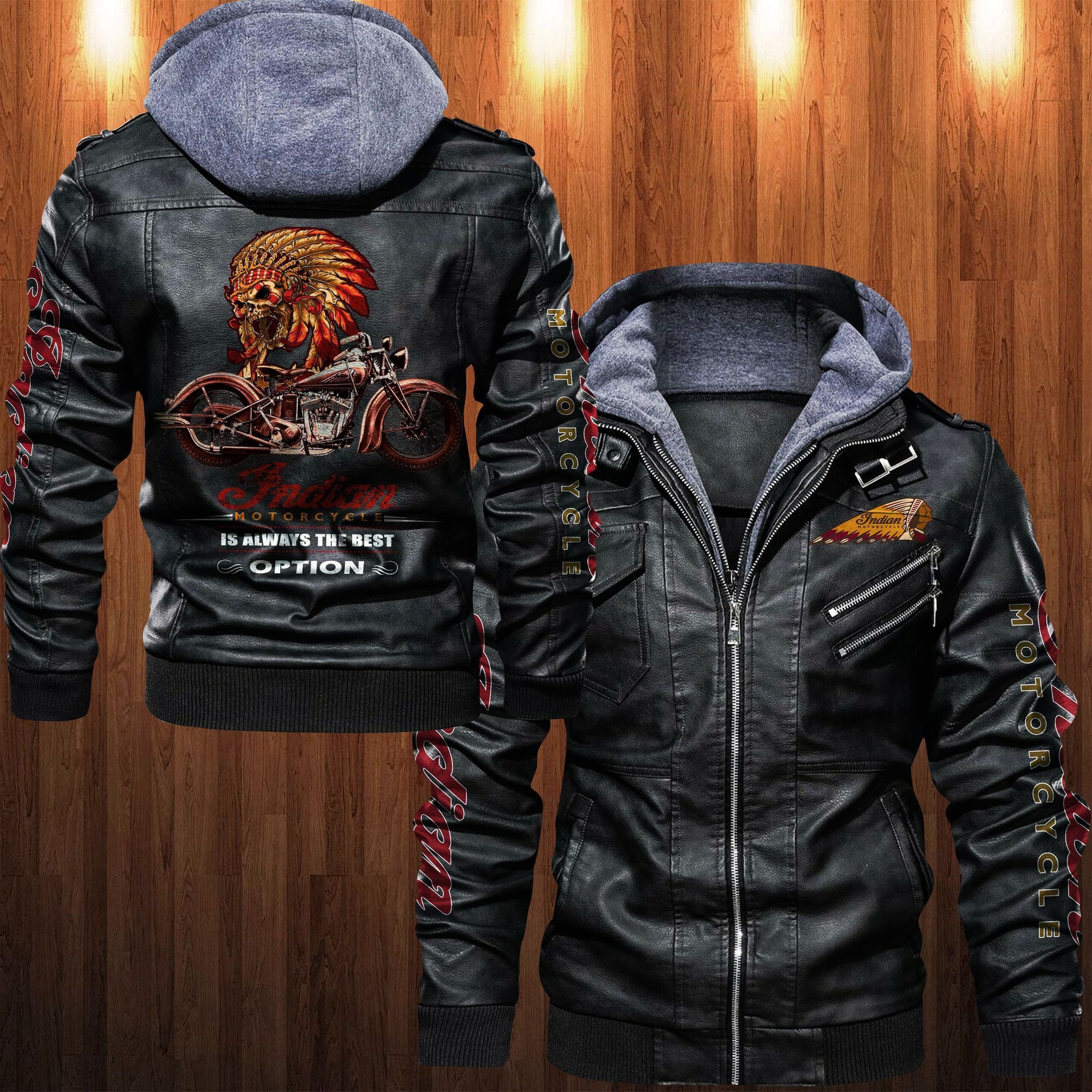 ID Motorcycle Zip Leather Jacket with Hood TH3804
